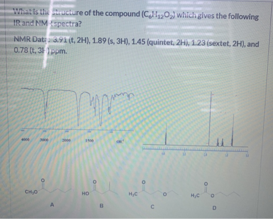 What is the structure of the compound (C6H12O2) which gives the following IR and NMR spectra? NMR Data : 3.91(t, 2H), 1.89 (s