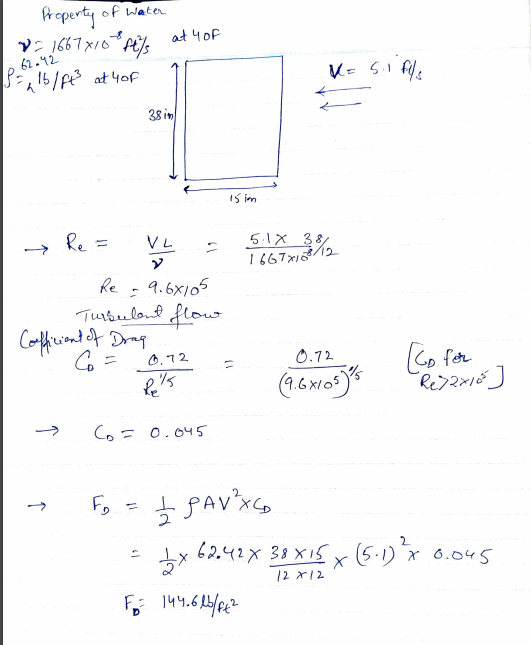 Property of water at 4 of VE 1667x10 ftys S = 1b/ft at 4 of 62.42 V = 5.1 fills 38 in 15 im 51X 38/ 1667x108/12 -> VL Re .9.6
