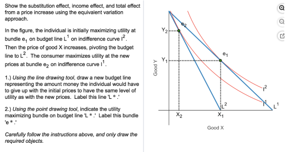 Show the substitution effect, income effect, and total effect from a price increase using the equivalent variation approach In the figure, the individual is initially maximizing utility at bundle eq on budget line L on indifference curve l. Then the price of good X increases, pivoting the budget line to L. The consumer maximizes utility at the new prices at bundle e2 on indifference curve l 2 1.) Using the line drawing tool, draw a new budget line representing the amount money the individual would have to give up with the initial prices to have the same level of utility as with the new prices. Label this line L*. 2 2.) Using the point drawing tool, indicate the utility maximizing bundle on budget line L * . Label this bundle 2 Good X Carefully follow the instructions above, and only draw the required objects