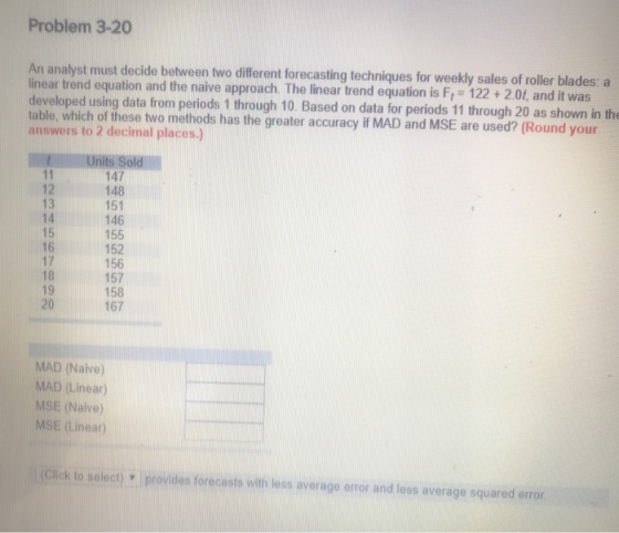 Problem 3-20 An analyst must decide between two different forecasting techniques for weekly sales of roller blades: a linear trend equation and the naive approach. The linear trend equation is Ft 122+2.0t, and it was developed using data from periods 1 through 10. Based on data for periods 11 through 20 as shown in the table, which of these two methods has the greater accuracy if MAD and MSE are used? (Round your answers to 2 decimal places) Units Sold 147 148 151 146 155 152 156 157 158 167 12 13 14 15 17 19 20 MAD (Naive) MAD (Linear) MSE (Naive) MSE (Linear) (Click to select) provides forecasts with less average error and less average squared error