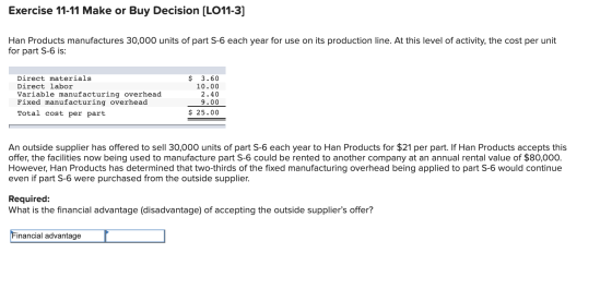 Exercise 11-11 Make or Buy Decision (LO11-3] Han Products manufactures 30,000 units of part 5-6 each year for use on its prod