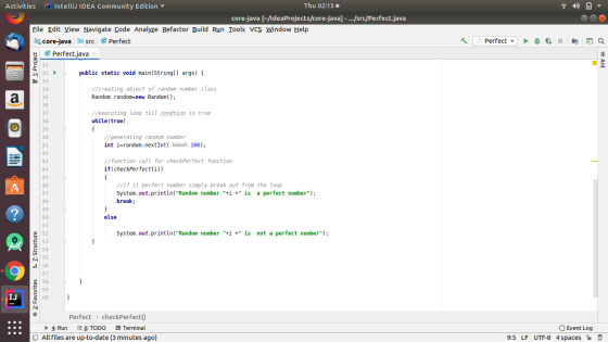 Activities IntelliJ IDEA Community Edition Thu 02:13: core-java (-/IdeaProjects/core-java] -.../src/Perfect.java File Edit Vi