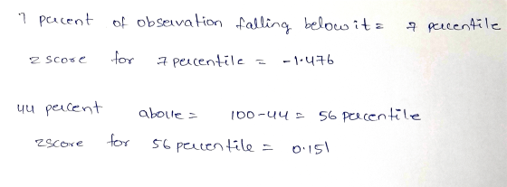 7 percent of observation falling below it = 7 percentile 2 Score for 7 percentile -1-476 uu percent abolle- 100-44 = 56 perce