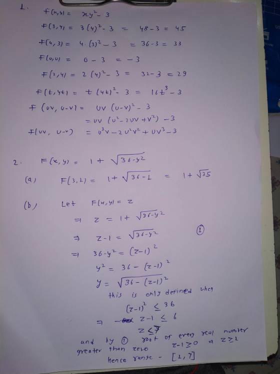 I +(2,4)= ny² - 3 *(3,41= 3(4) ²-3= 48-3= 45 US +(4,3) = 4. (3) 2 - 3 = 36-3= 33 TACHINE Floul = 0 - 3 = - 3 F (2,41 = 2 (4)
