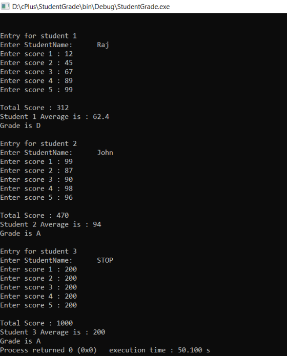 D:\cPlus StudentGrade \bin\Debug\StudentGrade.exe Raj Entry for student 1 Enter StudentName: Enter score 1 : 12 Enter score 2