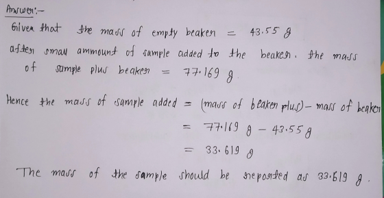 Answer: - Given that the mass of empty beaken = 43.55 g aften small ammount of sample added to the beaken of sample plus beak