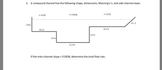 . A compound channel has the following shape, dimensions, Mannings n, and side channel slope: n 0.25 n 0.018 n 0.15 1.8 m 15.2 m 8.2 m 22 m 1.5 m 11.2 m If the main channel slope- 0.0038, determine the total flow rate.