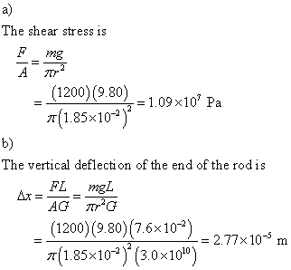a) The shear stress is F mg (1200)(9.80 -1.09x10 Pa (1200)(9.80)v107 1.85x102) b) The vertical deflecti on of the end of the rodis FL mgL (1200) (9.80)(7.6×10-2) 18510 (30x100) 2.77x 10 m