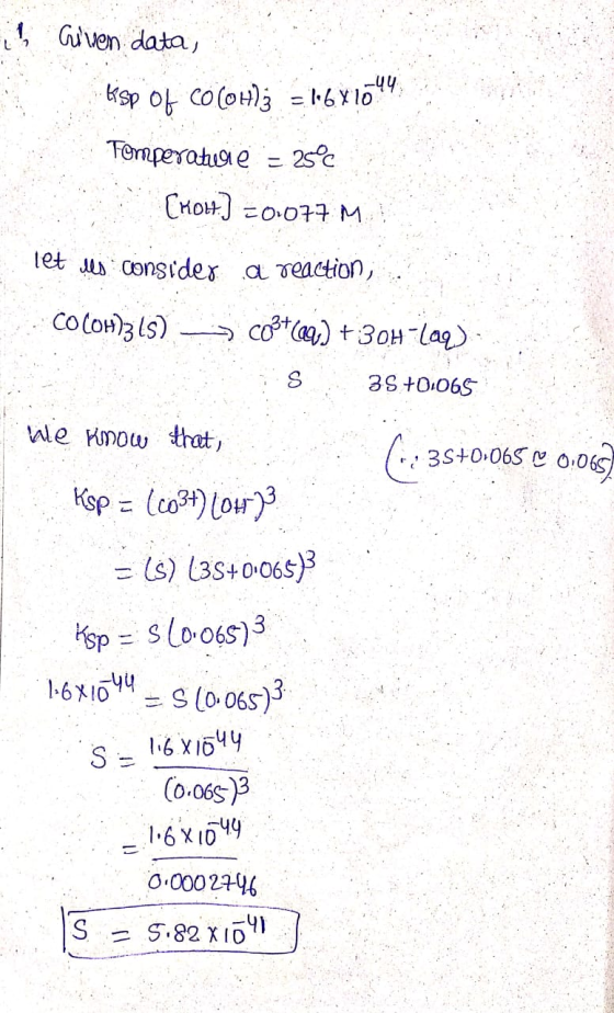 1 Given data, Esp of coloH)3 = 1681044 Temperaturie = 25°C [hot] =0.077 M. let les consider a reaction, COCOH)3 (5) -> co+(09