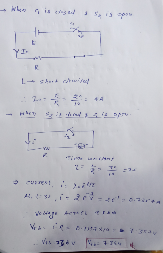 » When s, is closed & Sq is open. si Y Io R. Lo short circuited : 1o- - 20 - 24 10 When sa is closed & s, is open. 52 R Time