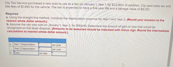 City Taxi Service purchased a new auto to use as a taxi on January 1, Year 1, for $22,900. In addition, City paid sales tax a