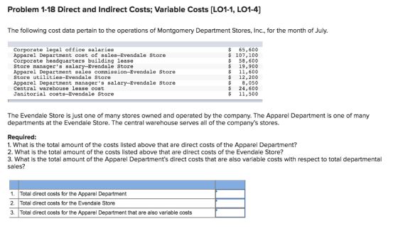 Problem 1-18 Direct and Indirect Costs; Variable Costs [L01-1, LO1-4] The following cost data pertain to the operations of Montgomery Department Stores, Inc., for the month of July Corporate legal office salaries Apparel Department cost of sales-Evendale Store Corporate headquarters building lease Store managers salary-Evendale Store Apparel Department sales commission-Evendale Store Store utilities-Evendale Store Apparel Department manager s salary-Evendale Store Central warehouse lease cost Janitorial costs-Evendale Store s 65,600 $ 107,100 $58,600 $ 19,900 $11,600 $ 12,200 $8,050 $ 24,600 $ 11,500 The Evendale Store is just one of many stores owned and operated by the company. The Apparel Department is one of many departments at the Evendale Store. The central warehouse serves all of the companys stores Required: 1. What is the total amount of the costs listed above that are direct costs of the Apparel Department? 2. What is the total amount of the costs listed above that are direct costs of the Evendale Store? sales? 3. What is the total amount of the Apparel Departments direct costs that are also variable costs with respect to total departmental 1. Total direct costs for the Apparel Department 2. Total direct costs for the Evendale Store 3. Total direct costs for the Apparel Department that are also variable costs