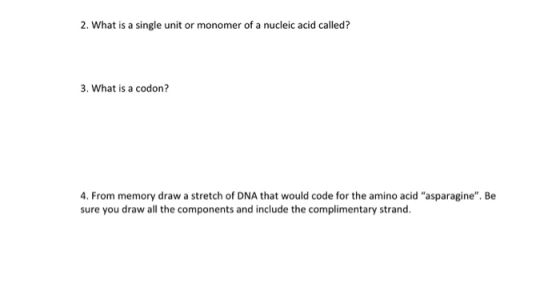 2. What is a single unit or monomer of a nucleic acid called? 3. What is a codon? 4. From memory draw a stretch of DNA that w