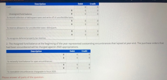 Description Debit Credit Cash 0 0 0 0 0 0 Unassigned fund balance To record collection of delinquent taxes and write-off of u