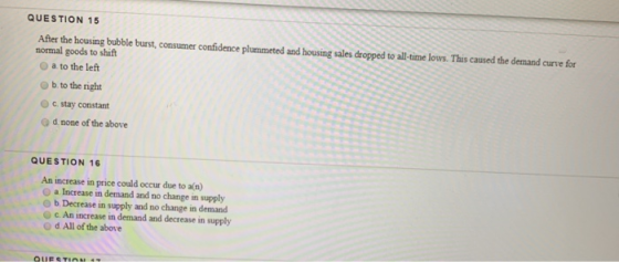 QUESTION 15 After the housing bubble burst, consumer confidence plummeted and housing sales dropped to all-time lows. This ca