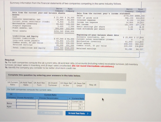 Summary Information from the financial statements of two companies competing in the same industry follows. Barco Kyan Barco K