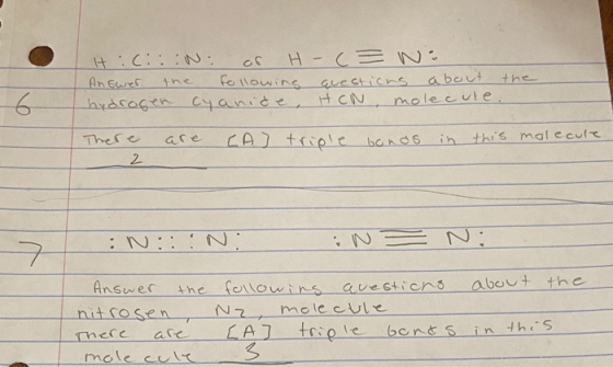 It :(:::N: of H Answer the following hydrogen cyanide - ( = w : questichs about the IHCN molecule. There are CA triple bonds
