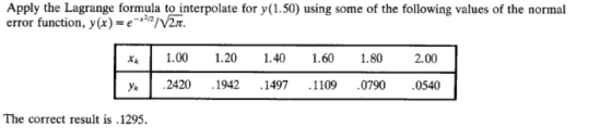 Apply the Lagrange formula to interpolate for y(1.50) using some of the following values of the normal error function, y(x)=e