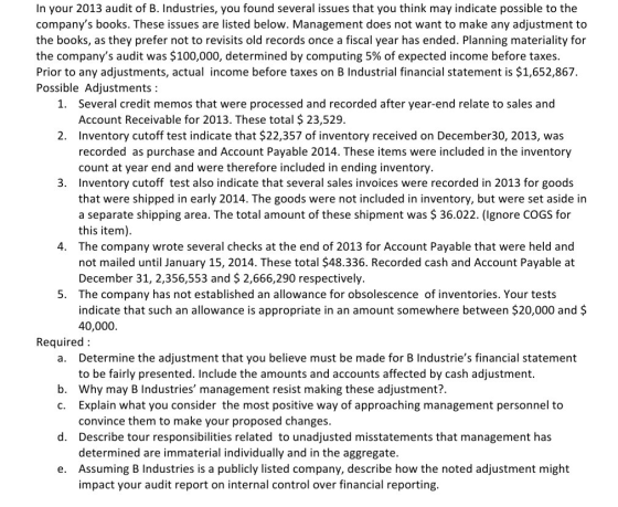 In your 2013 audit of B. Industries, you found several issues that you think may indicate possible to the companys books. Th