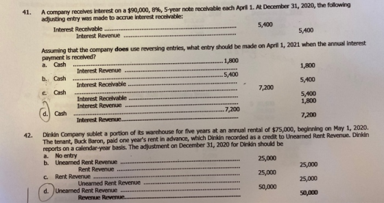 41. A company receives interest on a $90,000, 8%, 5-year note receivable each April 1. At December 31, 2020, the following ad