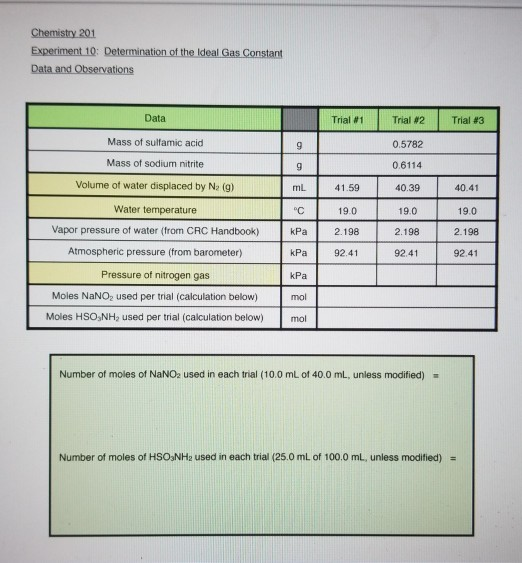 Chemistry 201 Experiment 10: Determination of the ideal Gas Constant Data and Observations Data T rial Trial #2 Trial 43 Mass