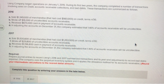 Liang Company began operations on January 1, 2016. During its first two years, the company completed a number of transactions