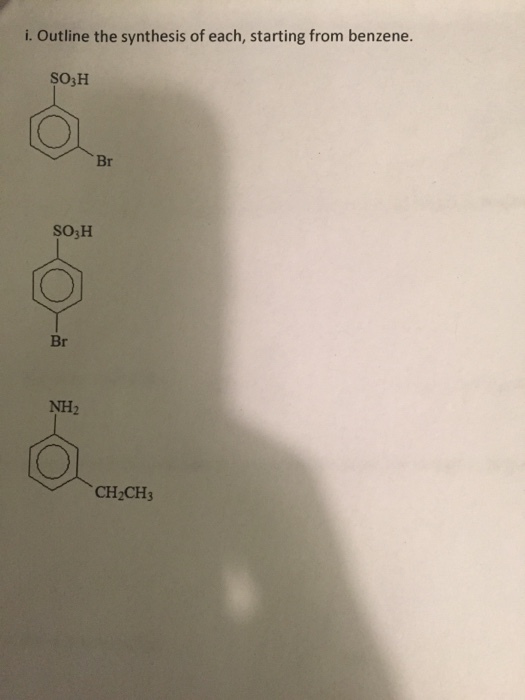 Image for i. Outline the synthesis of each, starting from benzene.