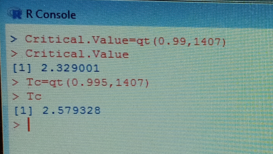 HR Console > Critical.Value=gt (0.99,1407) > Critical Value [1] 2.329001 > Teegt (0.995, 1407) > Te [1] 2.579328 >|