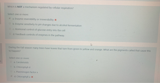 Which is NOT a mechanism regulated by cellular respiration? Select one or more: a. Enzyme reversibility or irreversibility X