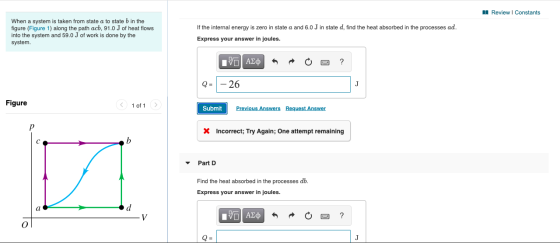 Review Constants When a system is taken from state a to state b in the figure (Figure 1) along the path acb, 91.0 J of heat f