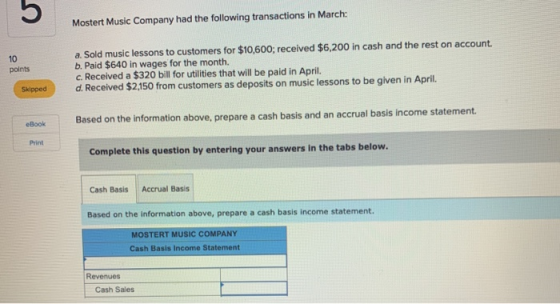 Mostert Music Company had the following transactions in March: points a. Sold music lessons to customers for $10,600; receive