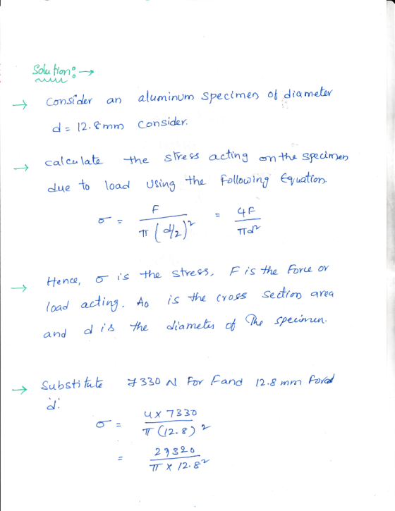 Consider an aluminum Specimen o dia metav d12.mm Consider. cal cu lata e actin dlue to loac Uing the folloong euto strees actng emtha spcmen ttence, σs the stress. F/sthe oruov oa an 7330 2932 o