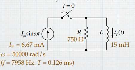 Wo iZ(t) In,sinot I 6.67 mA 750 Ω 15 mH ω-50000 rad/ s f- 7958 Hz. T 0.126 ms)