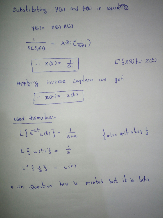 Substibbing Y6) and fHs) in jo Applyin inverse Laplace we et ace we ge used .as mulas:- uduni tep k En Question hm peinted hu