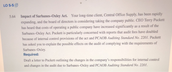 LO 5-5 5.64 Impact of Sarbanes-Oxley Act. Your long-time client, Central Office Supply, has been rapidly expanding, and the b