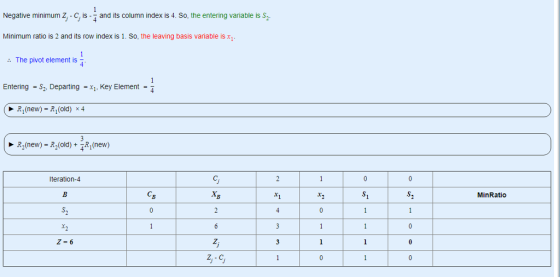 Negative minimum Z, - C, is - and its column index is 4. So, the entering variable is S Minimum ratio is 2 and its row index is 1. So, the leaving basis variable is x The pivot element is EnteringS2, Departing x1, Key Element- RI (new) = R1(old) × 4 > R2(new) 2(old)R,(new) Iteration-4 MinRatio 2