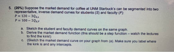 (20%) Suppose the market demand for coffee at UNM Starbucks can be segmented into two representative, inverse demand curves