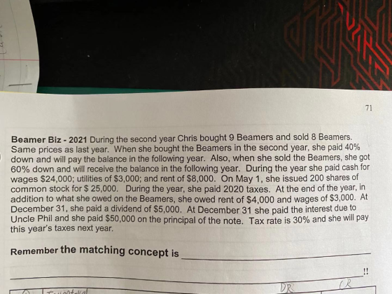 71 Beamer Biz - 2021 During the second year Chris bought 9 Beamers and sold 8 Beamers. Same prices as last year. When she bou