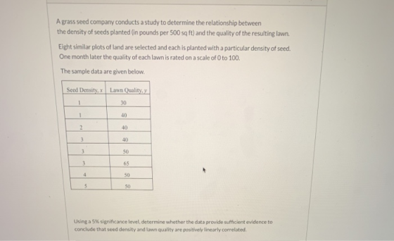A grass seed company conducts a study to determine the relationship between the density of seeds planted (in pounds per 500 s