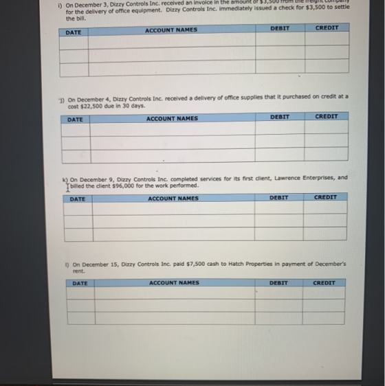 1) On December 3, Dizzy Controls Inc, received an invoice in the amount of 33 for the delivery of office equipment. Dizzy Con