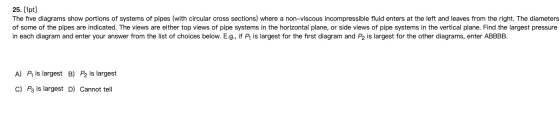 25. [1pt] The five diagrams show portions of systems of pipes (with circular cross sections) where a non-viscous incompressib