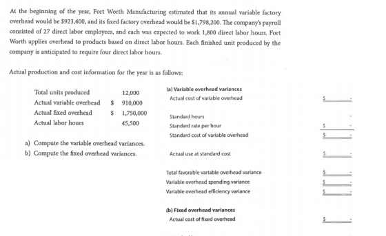 At the beginning of the year, Fort Worth Manufacturing estimated that its annual variable factory overhead would be $923,400,