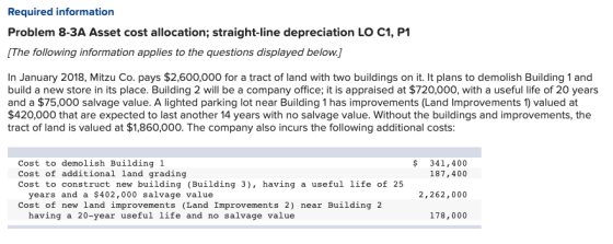 Required information Problem 8-3A Asset cost allocation; straight-line depreciation LO C1, P1 [The following information appl