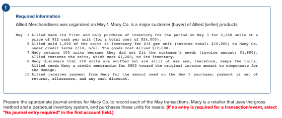 Required information Allied Merchandisers was organized on May 1. Macy Co. is a major customer (buyer) of Allied (seller) pro