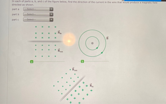 In each of parts a, b, and c of the figure below, find the direction of the current in the wire that would produce a magnetic