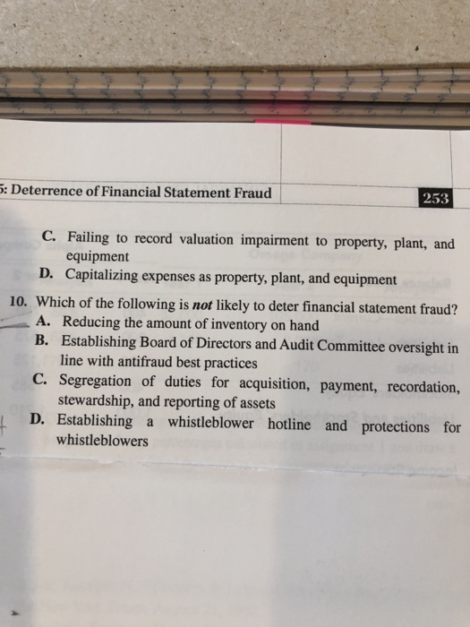 5: Deterrence of Financial Statement Fraud 253 C. Failing to record valuation impairment to property, plant, and equipment D.