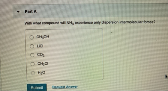 Part A With what compound will NHg experience only dispersion intermolecular forces? осныOH OLICI CO2 ОСН3СІ H2O Submit Reque