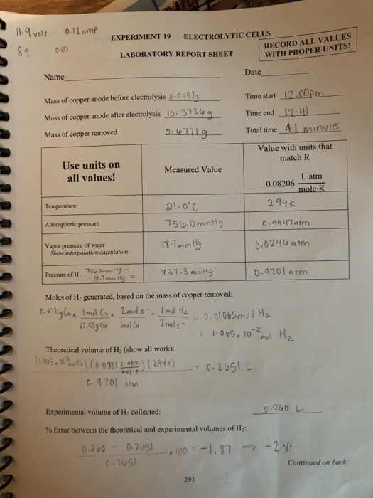 11.9 volt 0.12 ump EXPERIMENT 19 ELECTROLYTIC CELLS 89 0-30 LABORATORY REPORT SHEET RECORD ALL VALUES WITH PROPER UNITS! Date
