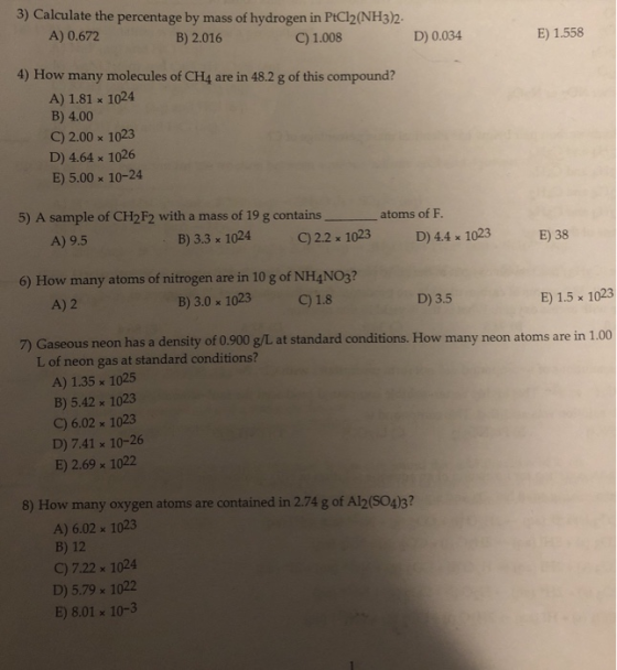 3 Calculate The Percentage By Mass Of Hydrogen In PtCl2 NH3 2 A 0 672