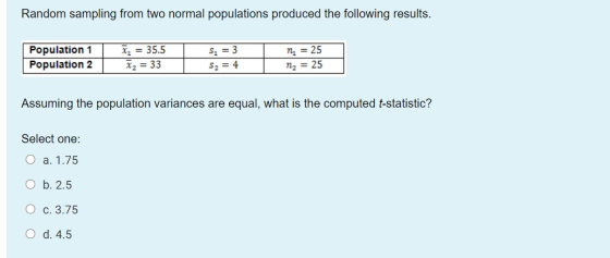 Random sampling from two normal populations produced the following results. Population 1 Population 2 , = 35.5 X = 33 S, = 3